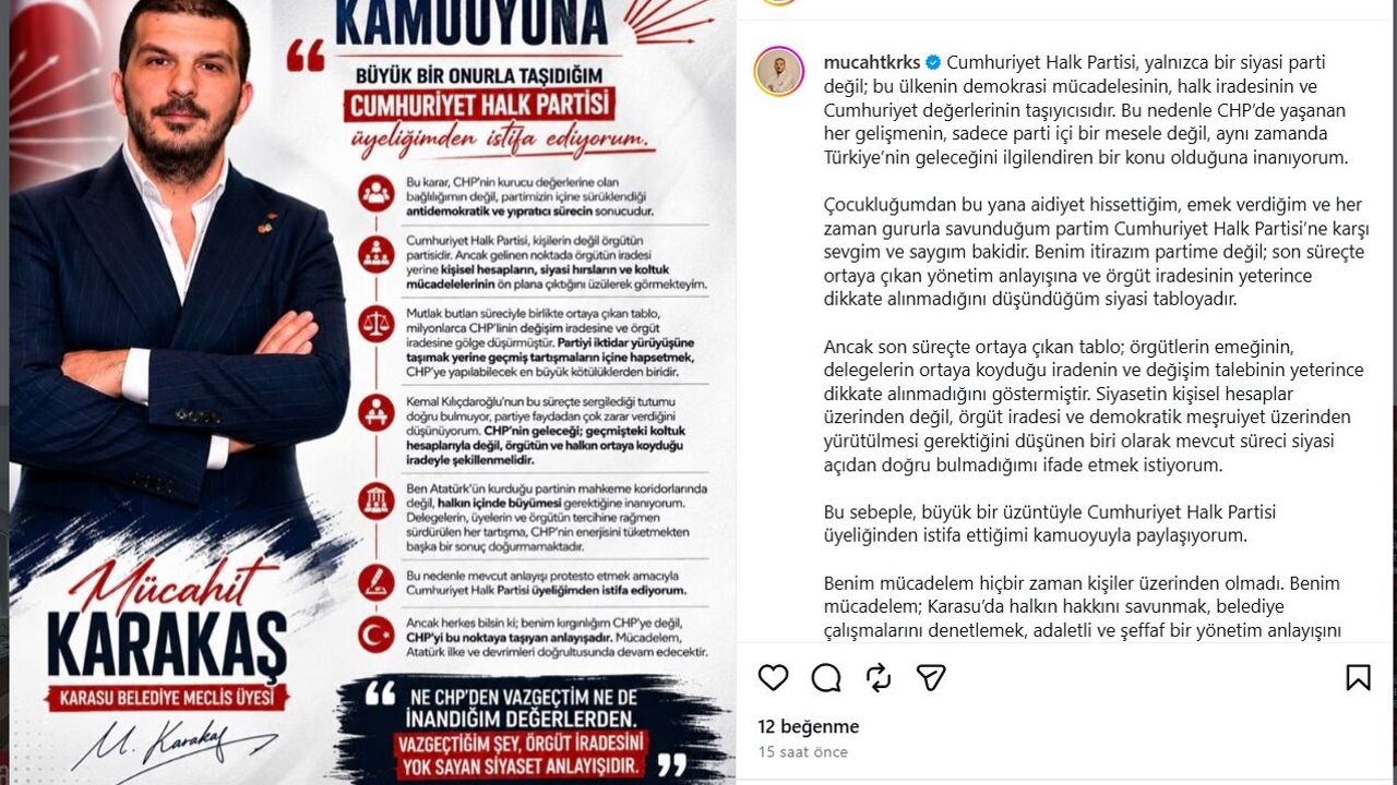 Karasu Belediyesi CHP’li Meclis Üyesi istifa etti