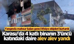 Karasu'da 4 katlı binanın 3'üncü katındaki daire alev alev yandı