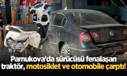 Pamukova'da sürücüsü fenalaşan traktör, motosiklet ve otomobile çarptı!