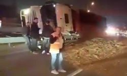 Virajı alamayan yonga yüklü tır devrildi