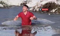 Buz gibi havada gölete böyle daldı!