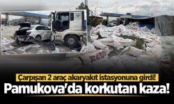 Pamukova'da korkutan kaza! Çarpışan 2 araç akaryakıt istasyonuna girdi!