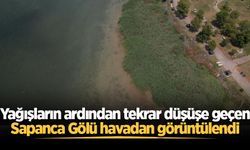 Yağışların ardından tekrar düşüşe geçen Sapanca Gölü havadan görüntülendi