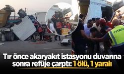 Tır önce akaryakıt istasyonu duvarına sonra refüje çarptı: 1 ölü, 1 yaralı