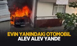 Evin bahçesindeki otomobil alev alev yandı