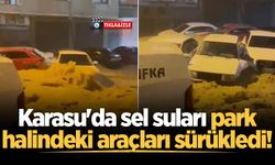 Karasu'da sel suları park halindeki araçları sürükledi!