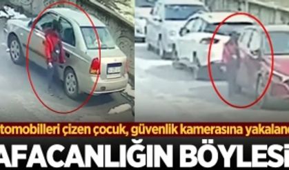 Afacanlığın böylesi... Otomobilleri çizen çocuk, güvenlik kamerasına yakalandı