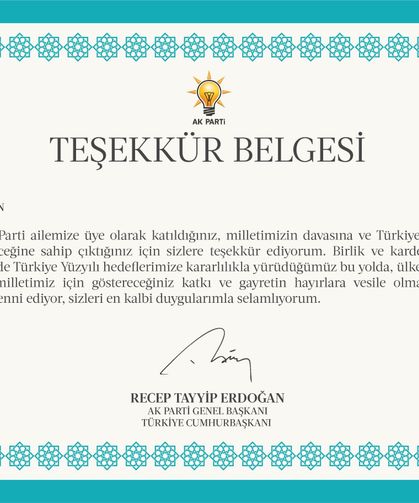 AK Parti’den 11,5 milyon üyesine Cumhurbaşkanı Erdoğan imzalı teşekkür belgesi