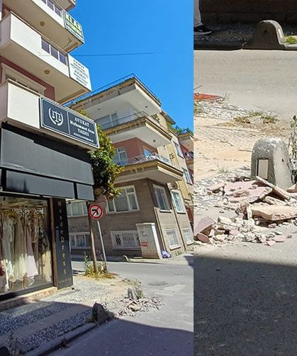 Şehir merkezindeki binadan kopan beton parçaları yola düştü