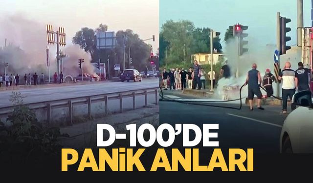 D-100'de otomobil alev aldı, yolu duman kapladı