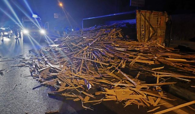 Odun yüklü kamyon devrildi:1 yaralı