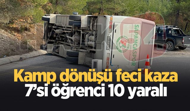 Kamptan dönen öğrencileri taşıyan midibüs devrildi: 10 yaralı