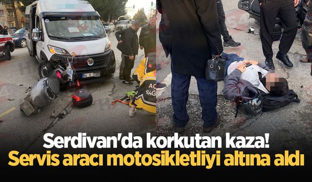 Serdivan'da korkutan kaza! Servis aracı motosikletliyi altına aldı