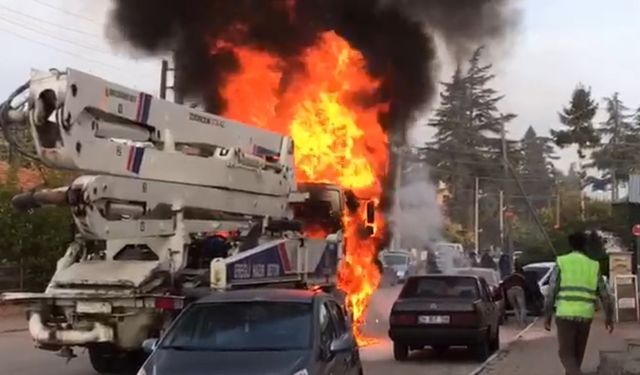 Beton pompası alev alev yandı