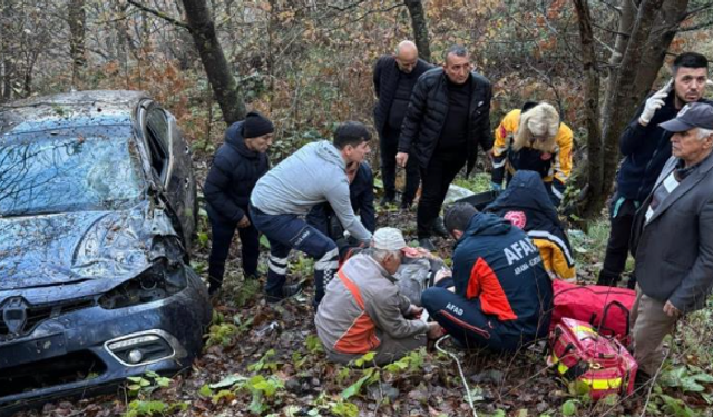 Otomobil ormanlık alana uçtu, 2 yaralı