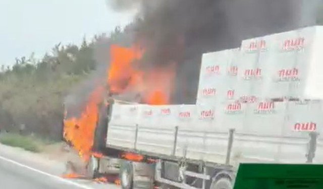 Seyir halindeki tır alevlere teslim oldu