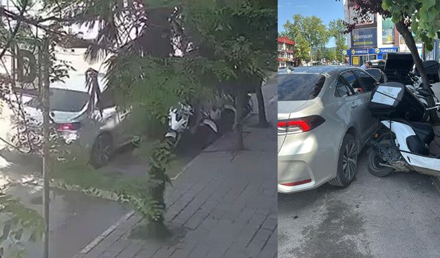 Otomobil park halindeki motosikletlere çarptı: Kaza anı kamerada