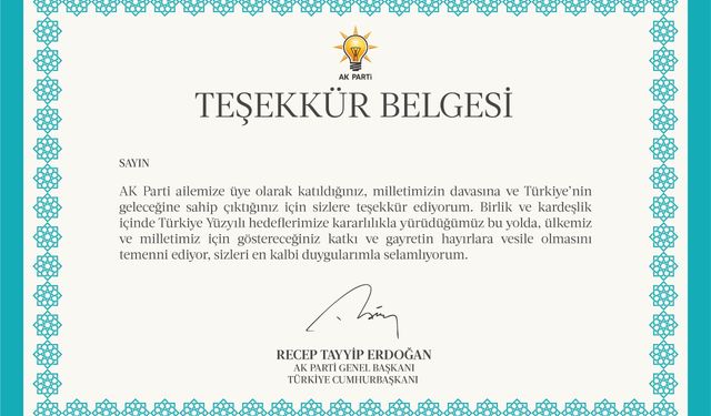 AK Parti’den 11,5 milyon üyesine Cumhurbaşkanı Erdoğan imzalı teşekkür belgesi