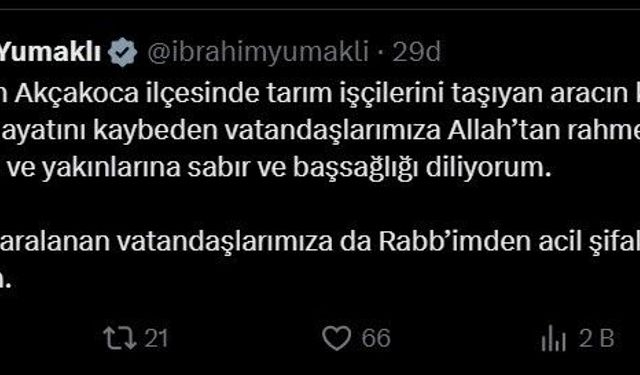 Bakan Yumaklı Düzce’deki kaza sonrası başsağlığı mesajı yayınladı