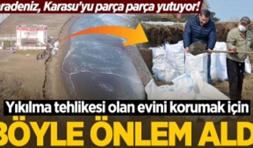 Karasu'da evi yıkılma tehlikesinde olan vatandaştan çuval önlemi