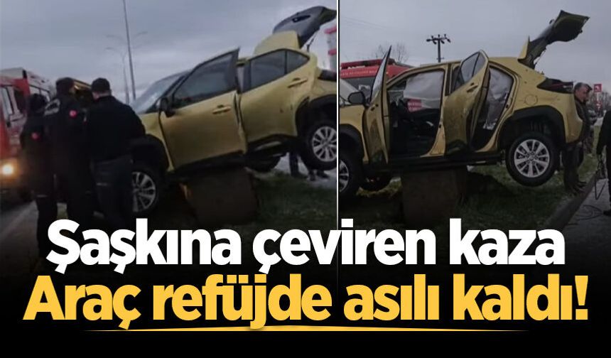 Kocaali'de kontrolden çıkan araç refüjde asılı kaldı!