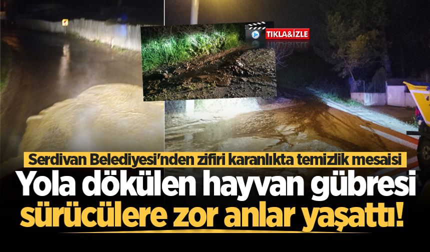 Yola dökülen hayvan gübresi sürücülere zor anlar yaşattı! Belediye ekipleri gece karanlığında temizlik yaptı