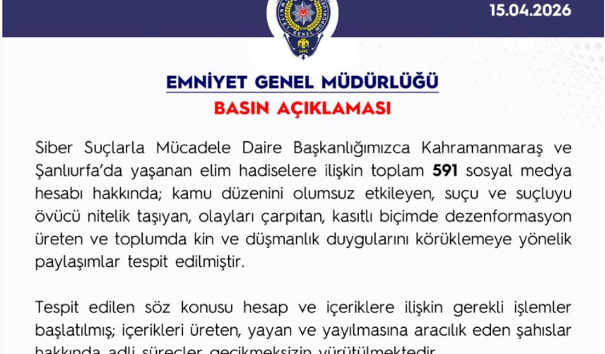 591 sosyal medya hesabı hakkında işlem başlatıldı