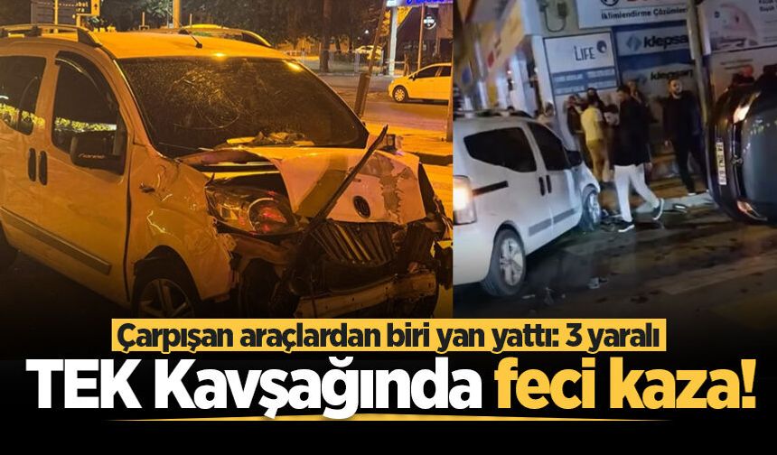 TEK Kavşağında feci kaza! Çarpışan araçlardan biri yan yattı: 3 yaralı
