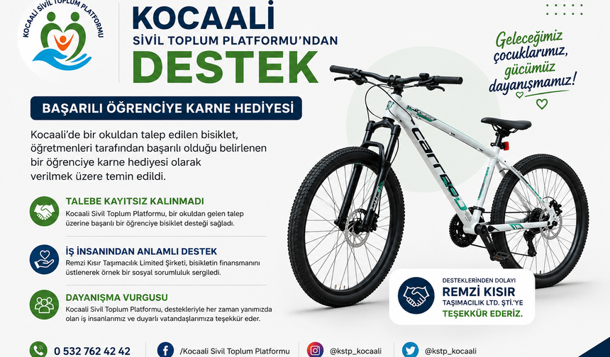 Kocaali Sivil Toplum Platformu'ndan destek: Başarılı öğrenciye karne hediyesi