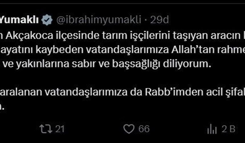 Bakan Yumaklı Düzce’deki kaza sonrası başsağlığı mesajı yayınladı