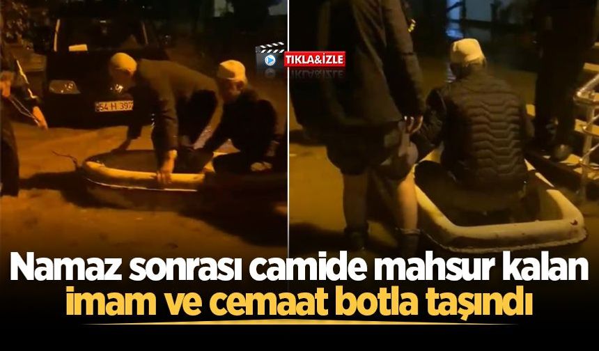 Namaz sonrası camide mahsur kalan imam ve cemaat botla taşındı