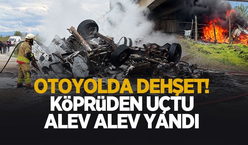 Otoyolda dehşet! Köprüden düşen tır alev alev yandı