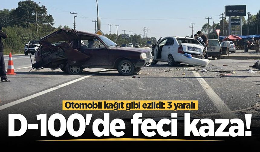 D-100'de feci kaza! Otomobil kağıt gibi ezildi: 3 yaralı